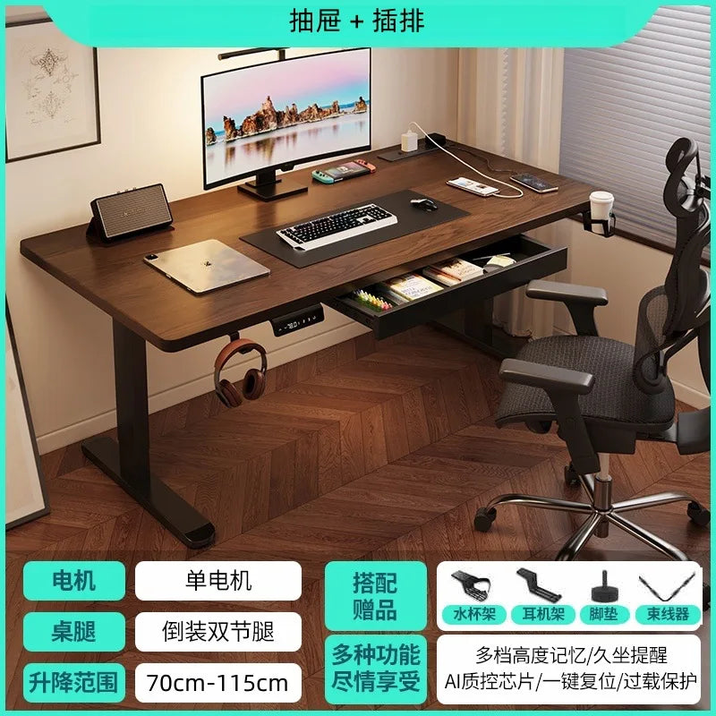 Solid Wood Electric Standing Desk with Drawers Smart Height Adjustable Gaming Computer Workstation for Home Study Office