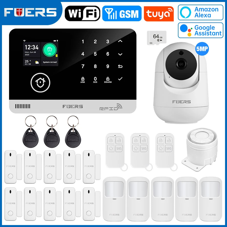 FUERS Alarm System for Home WIFI GSM Security Alarm Host Ant-theft with Door Motion Sensor Tuya Smart App control work Alexa
