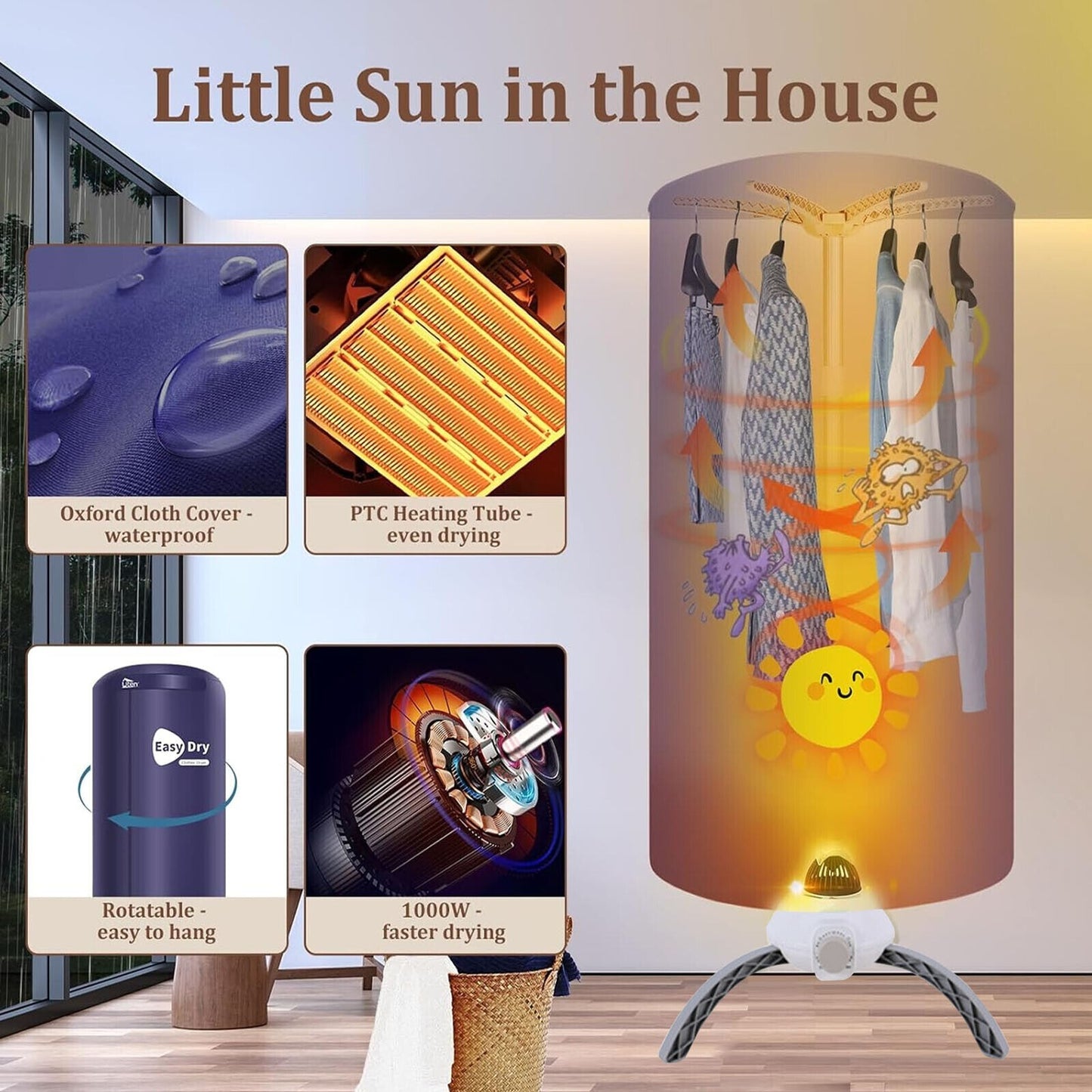 Portable Electric Heated Clothes Dryer & Cover Indoor Home Use Lightweight 1000W