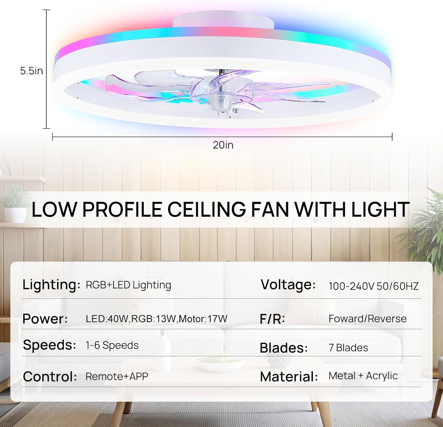 RGB Colorful Smart Bedroom Ceiling Fan Light
