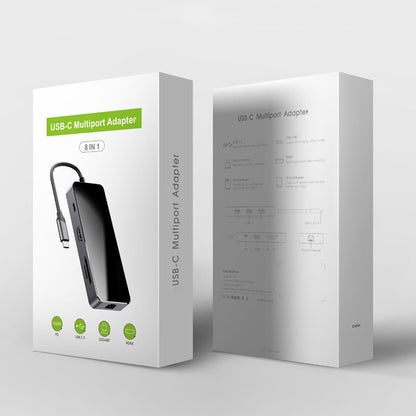 multi-function type c converter packaging showing 8-in-1 USB-C multipurpose adapter features and specifications