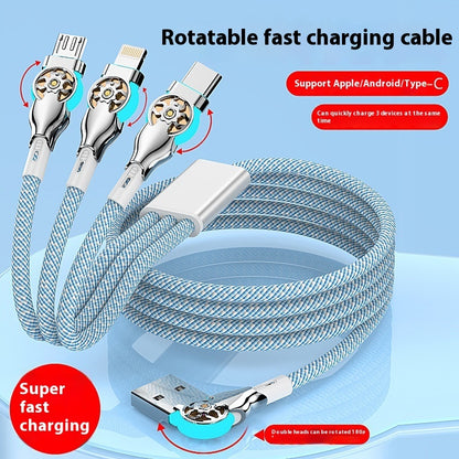 Three-in-one Double Bend Rotating Fast Charge Data Cable One-to-three Mobile Phone Charging Cable