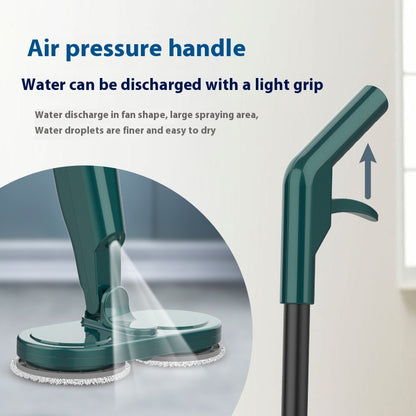 Air pressure handle of the all-in-one sweeping and mopping machine showing water discharge for efficient cleaning.