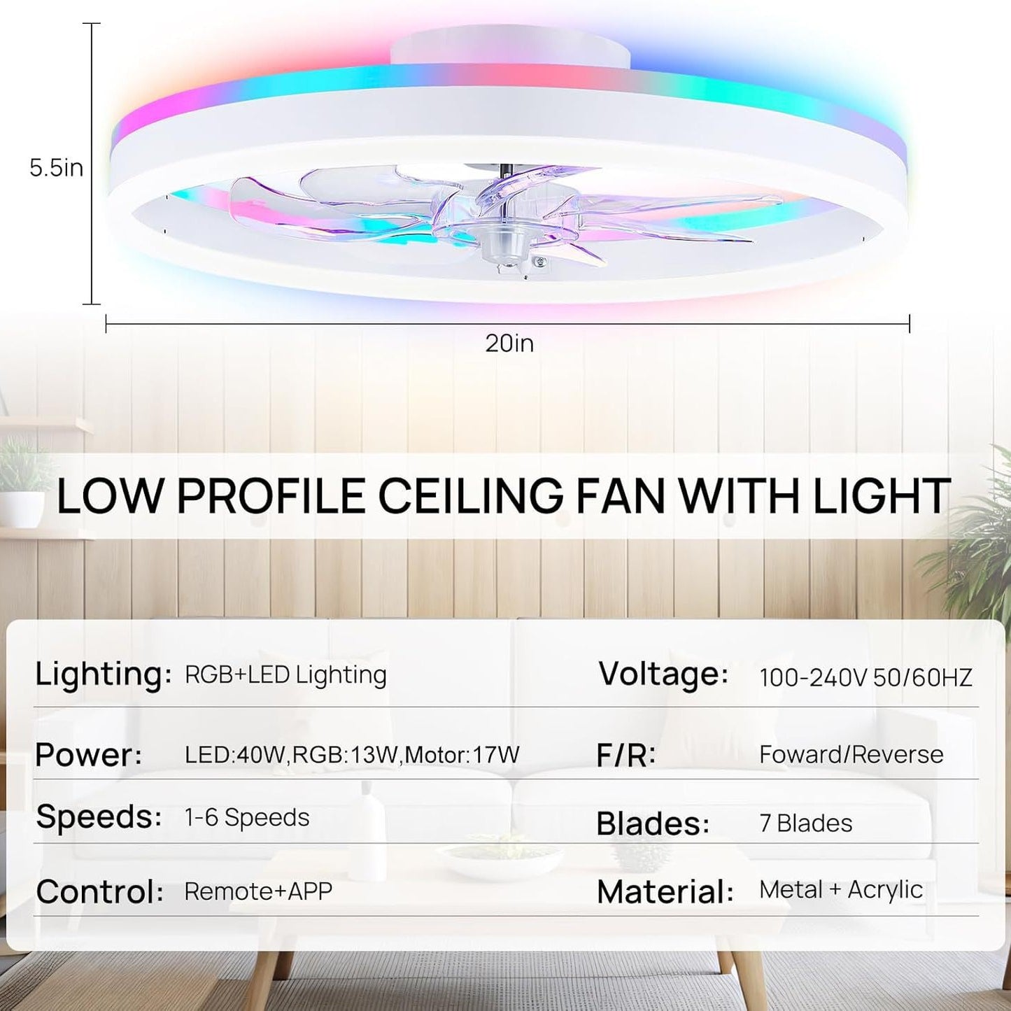 RGB Colorful Smart Bedroom Ceiling Fan Light