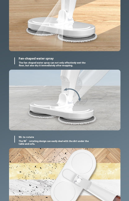 All-in-one sweeping and mopping machine with fan-shaped water spray and 90-degree rotating feature for efficient cleaning.