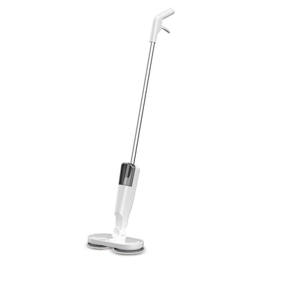 All-in-one sweeping and mopping machine in white color with dual scrubbing pads and ergonomic handle.