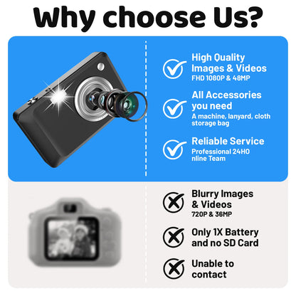 Kids Digital Camera 1080P 48MP with 16X Zoom Auto Focus Anti Shake LED Fill Light Compact Point Shoot Camera for Teens Beginners