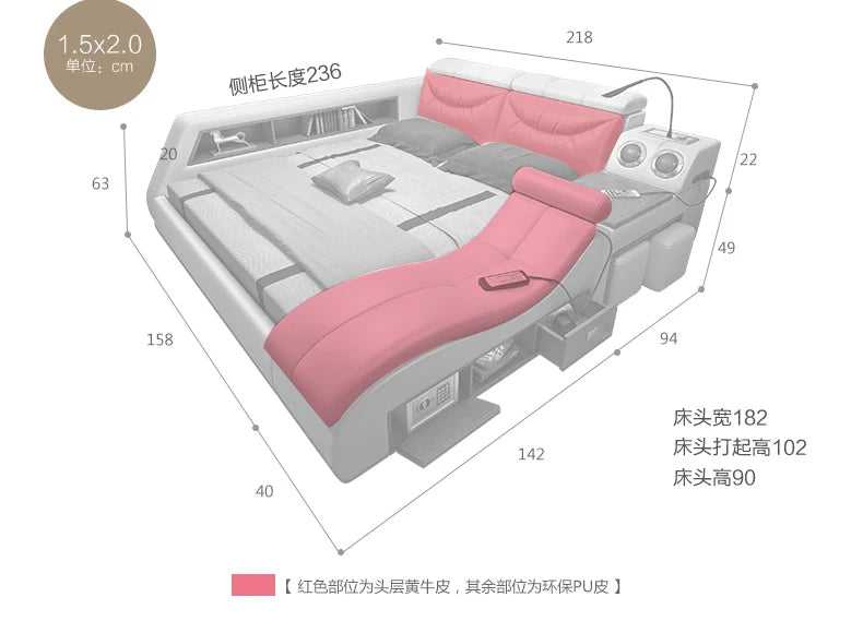 Genuine leather bed frame Soft Beds massager storage safe speaker LED light Bedroom cama muebles de dormitorio / camas quarto