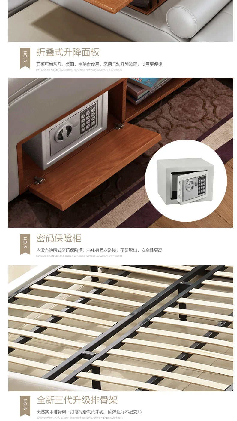 Genuine leather bed frame Soft Beds massager storage safe speaker LED light Bedroom cama muebles de dormitorio / camas quarto