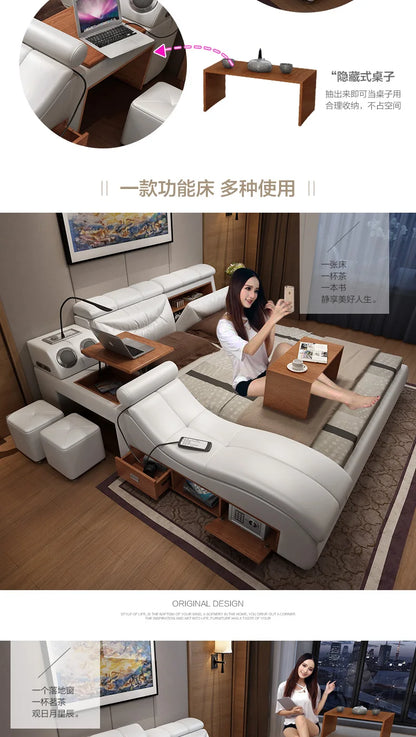 Genuine leather bed frame Soft Beds massager storage safe speaker LED light Bedroom cama muebles de dormitorio / camas quarto