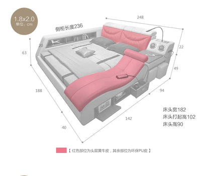 Genuine leather bed frame Soft Beds massager storage safe speaker LED light Bedroom cama muebles de dormitorio / camas quarto