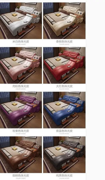 Genuine leather bed frame Soft Beds massager storage safe speaker LED light Bedroom cama muebles de dormitorio / camas quarto
