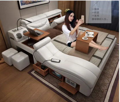 Genuine leather bed frame Soft Beds massager storage safe speaker LED light Bedroom cama muebles de dormitorio / camas quarto