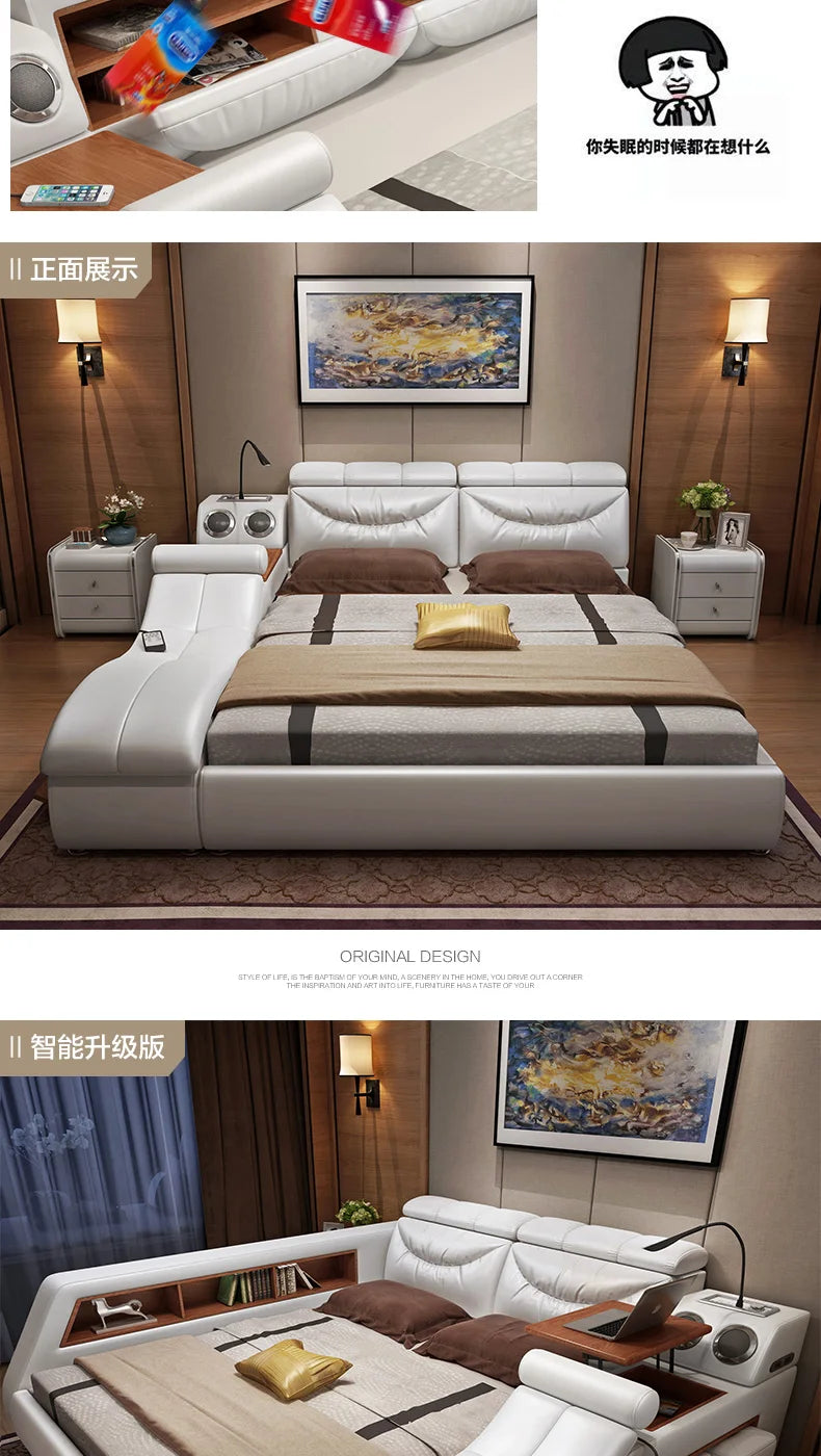Genuine leather bed frame Soft Beds massager storage safe speaker LED light Bedroom cama muebles de dormitorio / camas quarto
