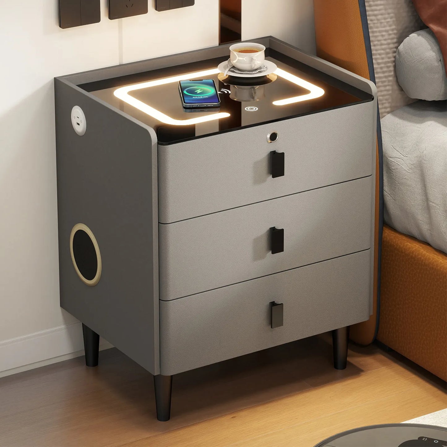 simple smart bedside table modern light luxury bedroom multi-function bedside table wireless charging criado mudo furniture