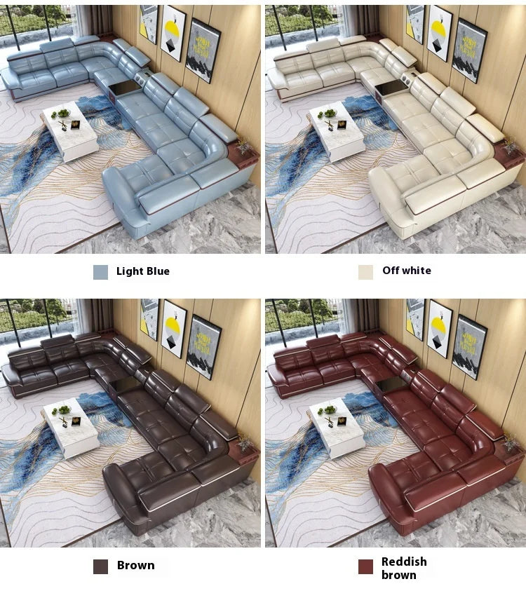 Stylish Italian Genuine Leather Sofa for Living Room with Cup Holder, USB, Adjustable Headrests & Bluetooth Speaker - MANBAS