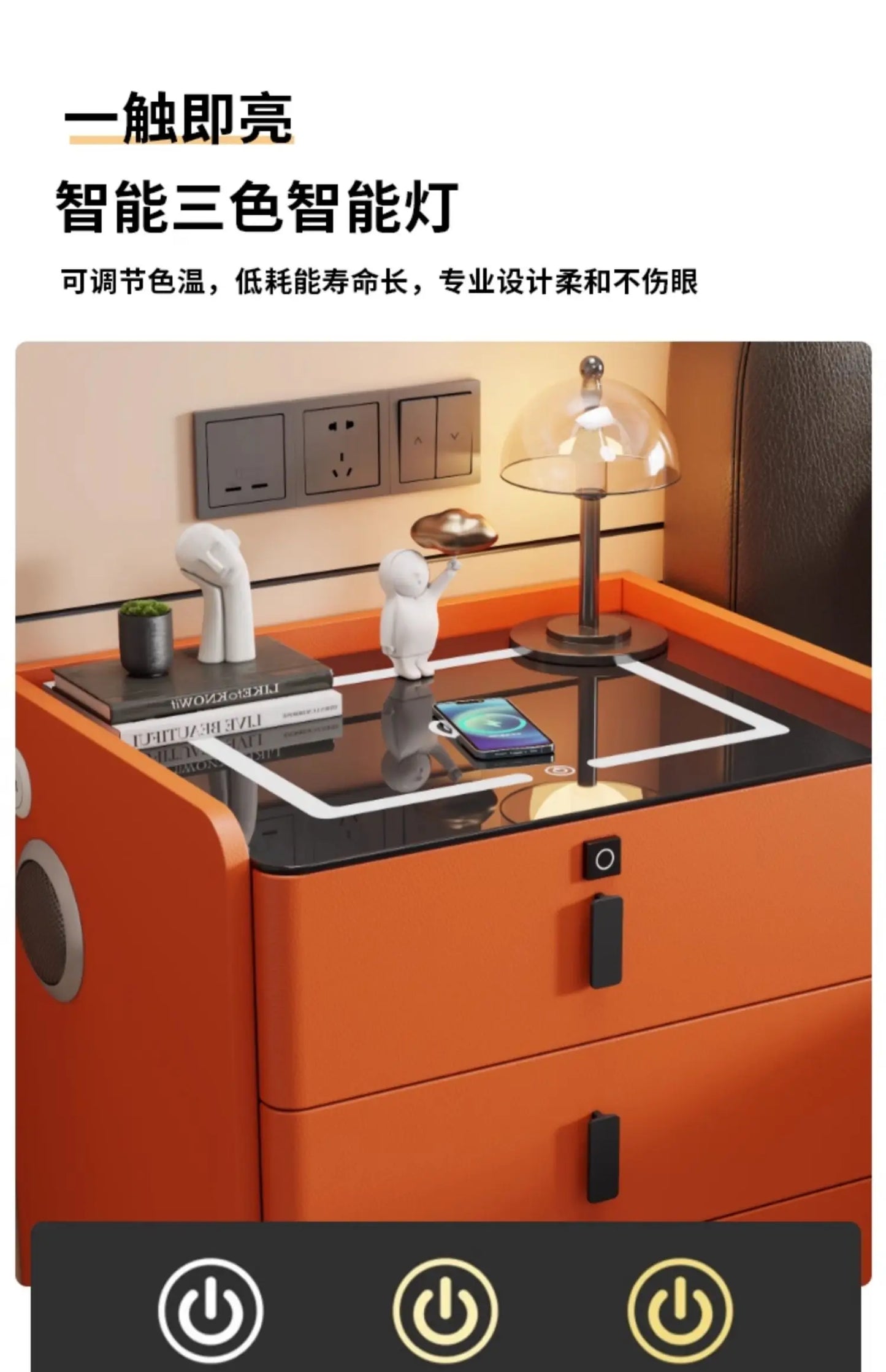 Modern Luxury Bedroom Furniture Foldable Wooden Bedside Table with Smart USB Port Wireless Charger Light Lamp