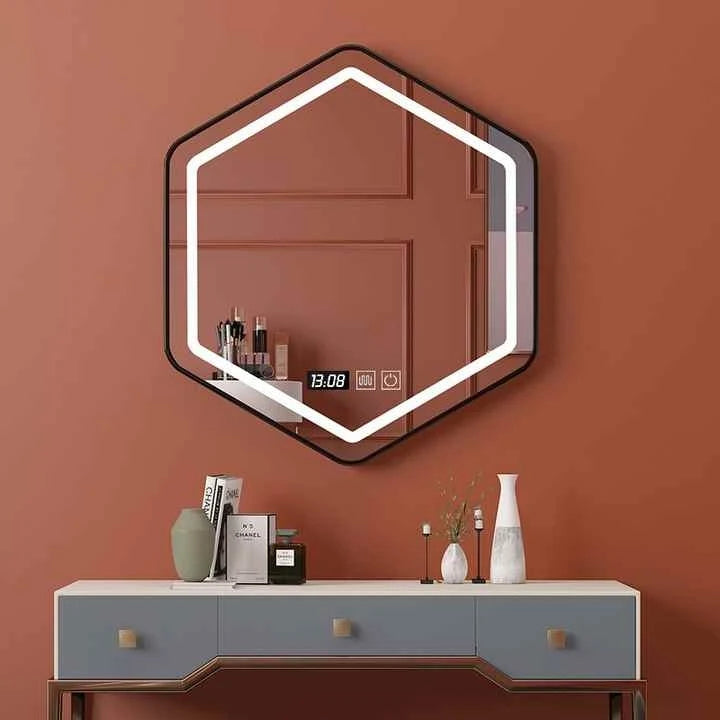 Wholesale Modern Luxury Custom Hexagon Stainless Steel Frame Wall Hanging LED Light Shower Touch Screen Bathroom Smart Mirrors
