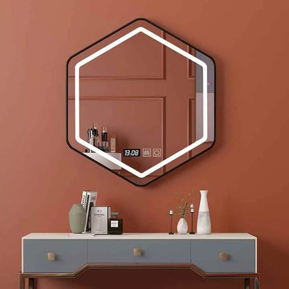Wholesale Modern Luxury Custom Hexagon Stainless Steel Frame Wall Hanging LED Light Shower Touch Screen Bathroom Smart Mirrors