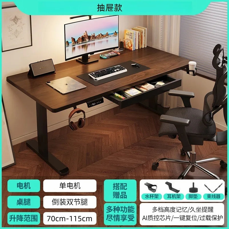 Solid Wood Electric Standing Desk with Drawers Smart Height Adjustable Gaming Computer Workstation for Home Study Office