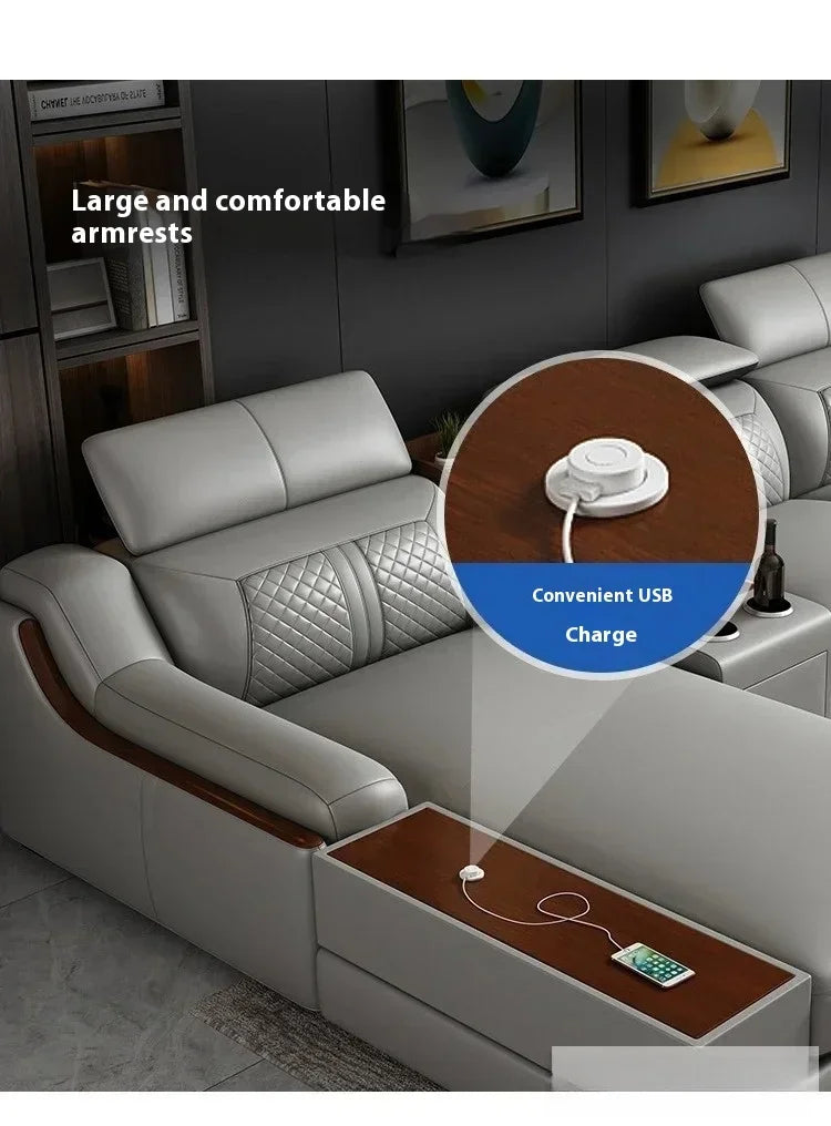 Stylish Italian Genuine Leather Sofa for Living Room with Cup Holder, USB, Adjustable Headrests & Bluetooth Speaker - MANBAS