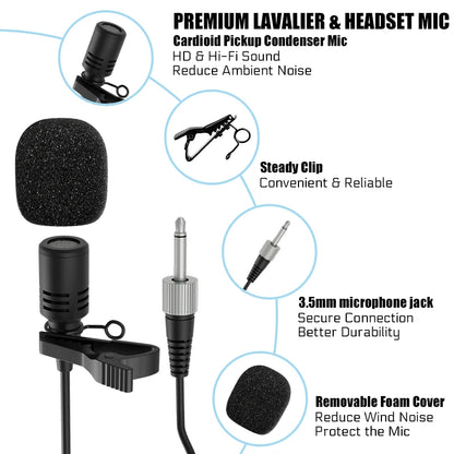 Dual Wireless Microphone System Headset Mic/Stand Mic/Lavalier Lapel Mic with Rechargeable Bodypack Transmitter & Receiver