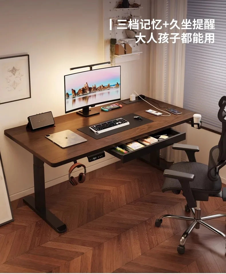 Solid Wood Electric Standing Desk with Drawers Smart Height Adjustable Gaming Computer Workstation for Home Study Office