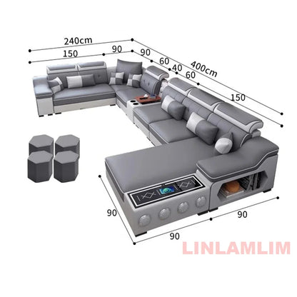 Linlamlim Modern Scientific Fabric Sectional Sofa Set with Chaise Lounge, Bluetooth Speakers, USB Charging Ports for Living Room