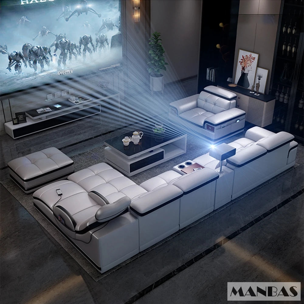 Bluetooth Speaker and Massage Italian Leather Sofa Set with USB, Cup Holder, Adjustable Headrests, Projector Living Room Couch