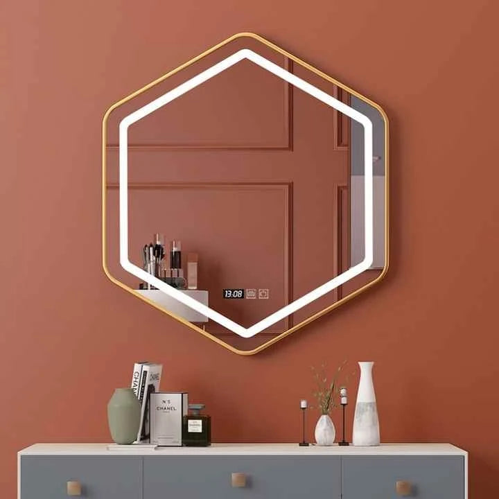 Wholesale Modern Luxury Custom Hexagon Stainless Steel Frame Wall Hanging LED Light Shower Touch Screen Bathroom Smart Mirrors