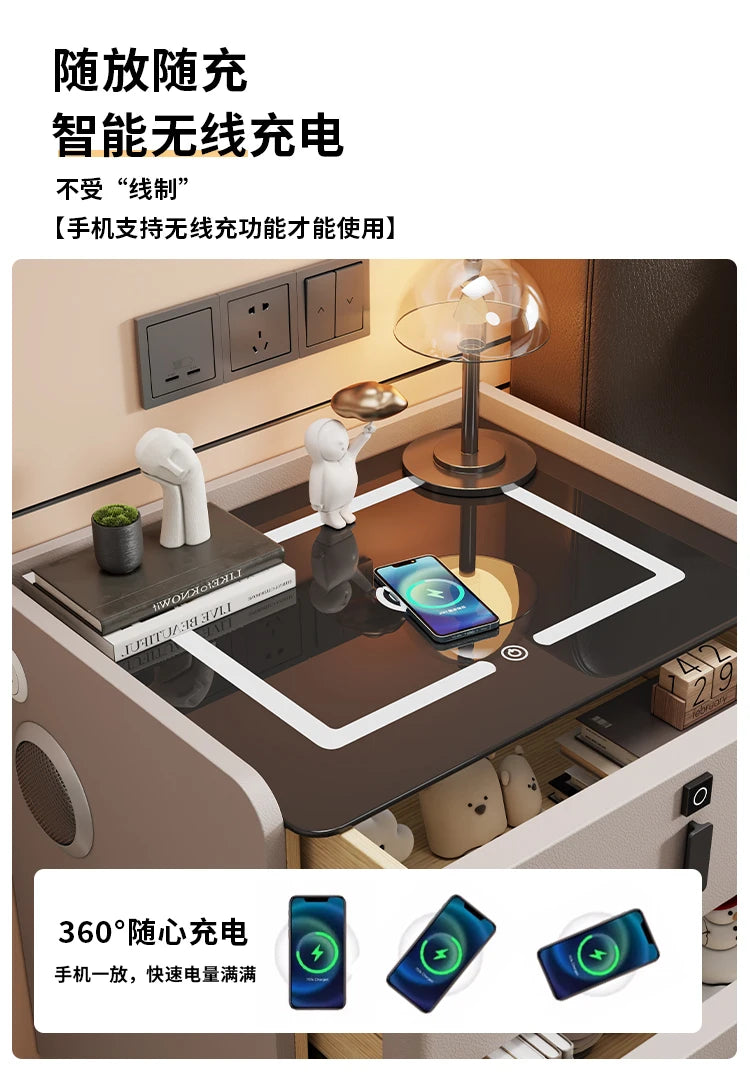 Modern Luxury Bedroom Furniture Foldable Wooden Bedside Table with Smart USB Port Wireless Charger Light Lamp