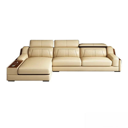 Stylish Italian Genuine Leather Sofa for Living Room with Cup Holder, USB, Adjustable Headrests & Bluetooth Speaker - MANBAS