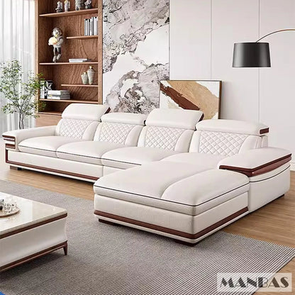 MINGDIBAO Premium Italian Genuine Leather Sofa Set for Living Room with Adjustable Headrests, Bluetooth Speaker, Wireless Charge