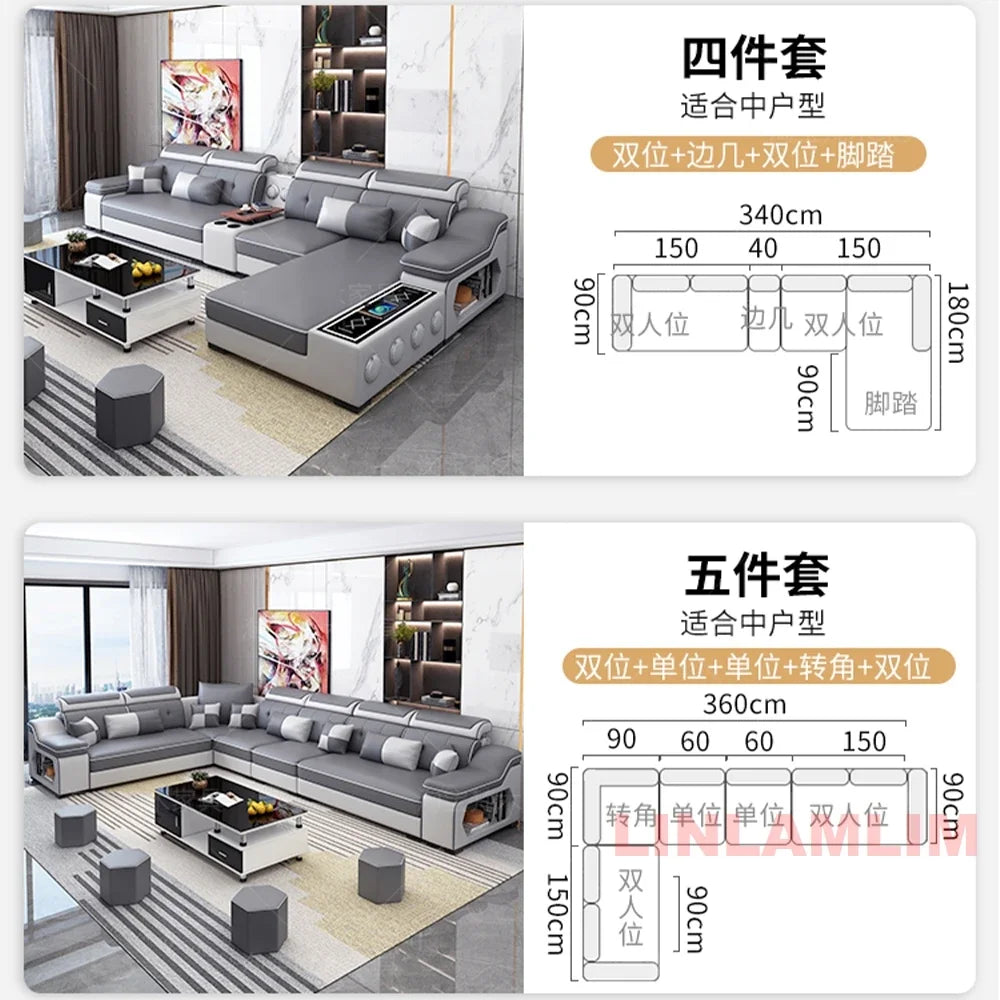 Linlamlim Modern Scientific Fabric Sectional Sofa Set with Chaise Lounge, Bluetooth Speakers, USB Charging Ports for Living Room