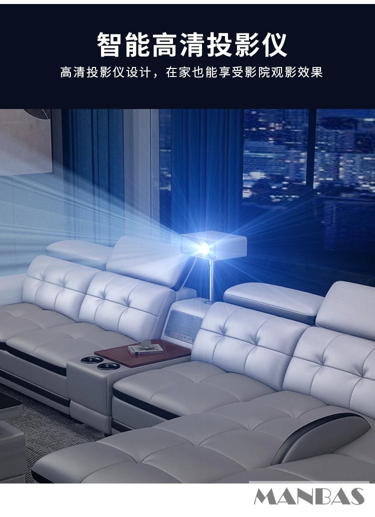 Bluetooth Speaker and Massage Italian Leather Sofa Set with USB, Cup Holder, Adjustable Headrests, Projector Living Room Couch