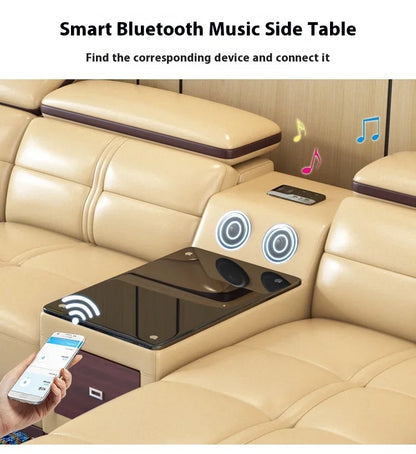 Stylish Italian Genuine Leather Sofa for Living Room with Cup Holder, USB, Adjustable Headrests & Bluetooth Speaker - MANBAS