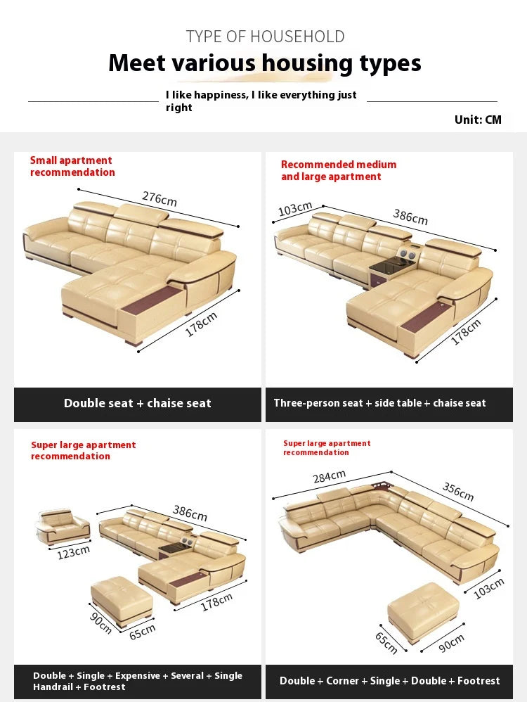 Stylish Italian Genuine Leather Sofa for Living Room with Cup Holder, USB, Adjustable Headrests & Bluetooth Speaker - MANBAS