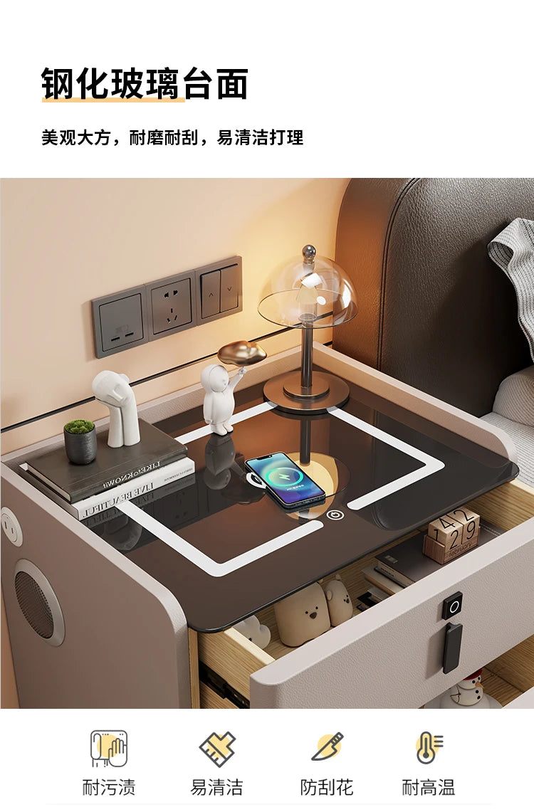 Modern Luxury Bedroom Furniture Foldable Wooden Bedside Table with Smart USB Port Wireless Charger Light Lamp