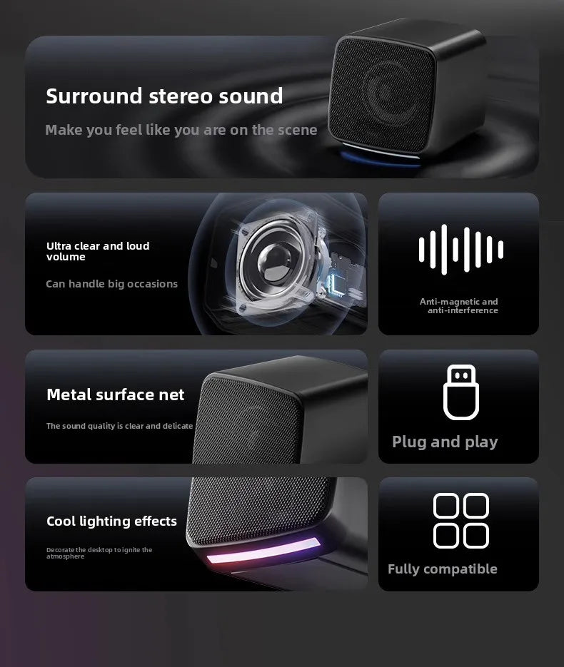 Computer Speakers, Mini Speaker with Cool Lights and Stereo Sound 6W USB Powered 3.5 mm AUX-in Portable Speaker for Computer