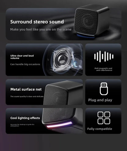 Computer Speakers, Mini Speaker with Cool Lights and Stereo Sound 6W USB Powered 3.5 mm AUX-in Portable Speaker for Computer