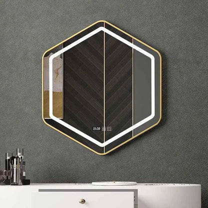 Wholesale Modern Luxury Custom Hexagon Stainless Steel Frame Wall Hanging LED Light Shower Touch Screen Bathroom Smart Mirrors