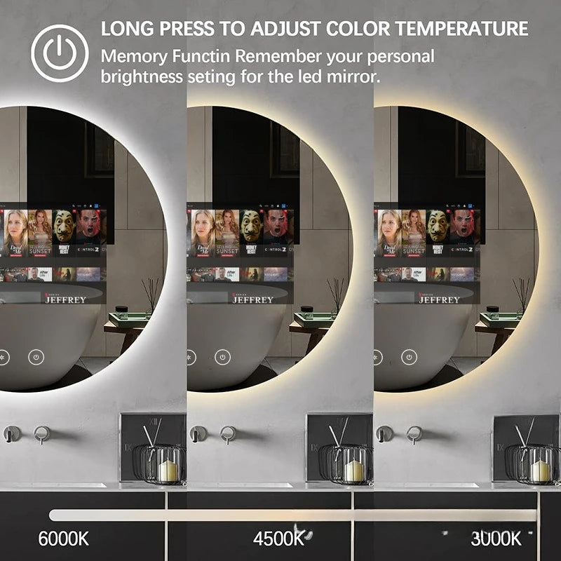 Customized Bedroom Round Intelligent Makeup Mirror, Bathroom Mirror, Android Magic Mirror, Waterproof Strap, 15.6-inch