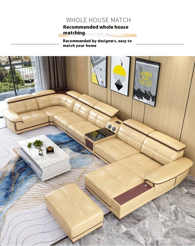 Stylish Italian Genuine Leather Sofa for Living Room with Cup Holder, USB, Adjustable Headrests & Bluetooth Speaker - MANBAS