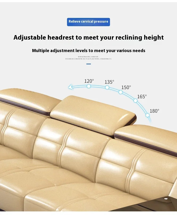 Stylish Italian Genuine Leather Sofa for Living Room with Cup Holder, USB, Adjustable Headrests & Bluetooth Speaker - MANBAS