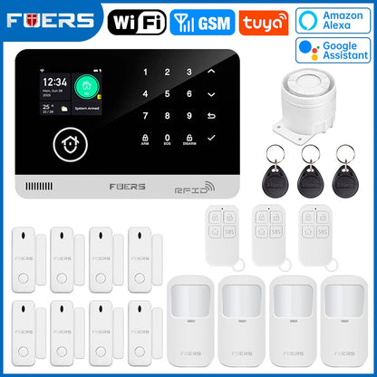 FUERS Alarm System for Home  WIFI GSM Security Alarm Host Ant-theft  with Door Motion Sensor Tuya Smart App control work Alexa