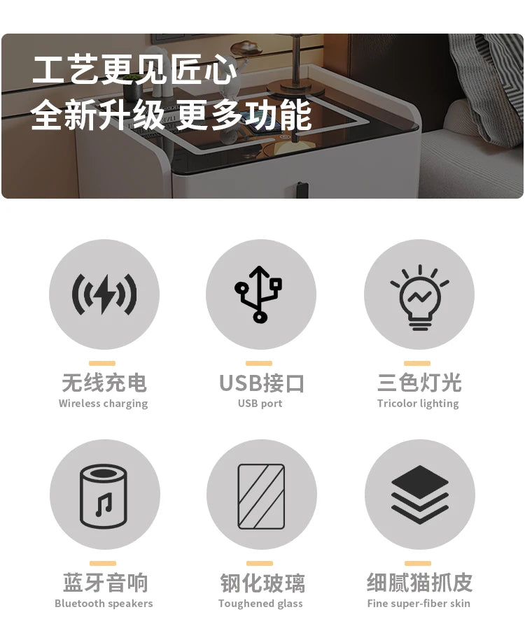 Modern Luxury Bedroom Furniture Foldable Wooden Bedside Table with Smart USB Port Wireless Charger Light Lamp