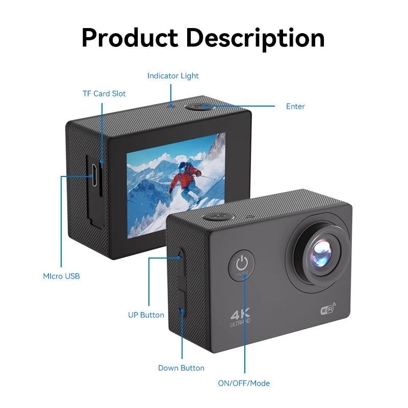 Outdoor WiFi 4K Action Camera Helmet Video Recording 4K/30FPS WiFi 2.0" 170D GPS 4X Zoom Underwater Waterproof Sports Camera