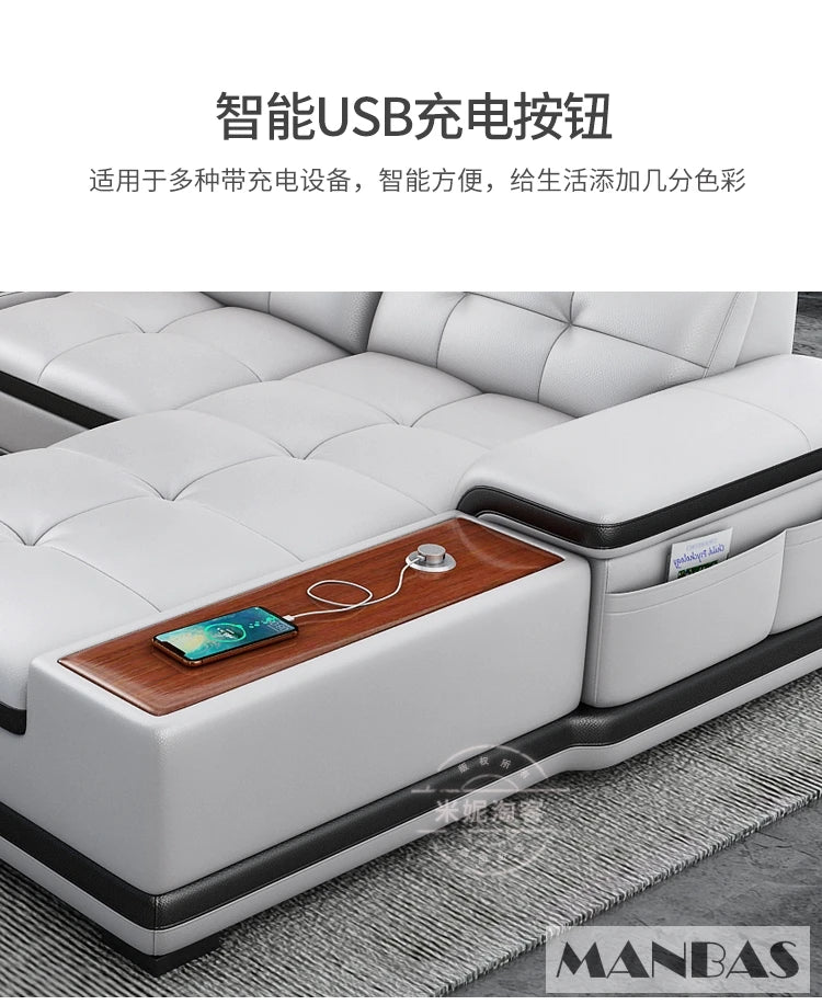 Bluetooth Speaker and Massage Italian Leather Sofa Set with USB, Cup Holder, Adjustable Headrests, Projector Living Room Couch