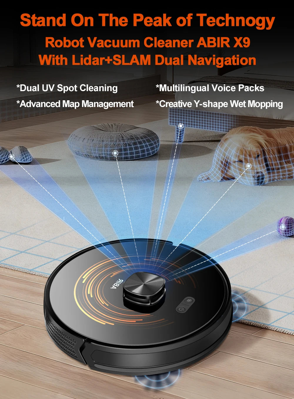 Robot Vacuum Cleaner ABIR X9 ,Laser System,Dual UV Cleaning,Auto Carpet Boost Tech,Multiple Floors Maps,Customized Room Cleaning