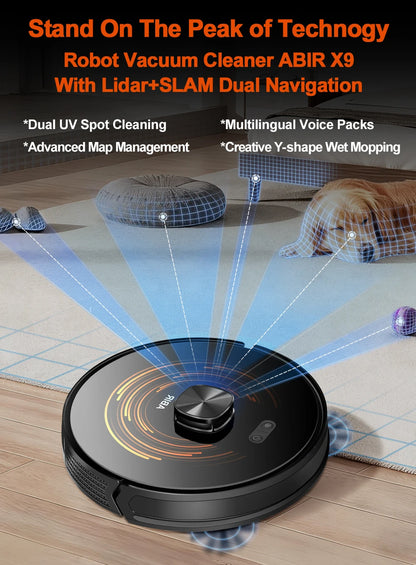 Robot Vacuum Cleaner ABIR X9 ,Laser System,Dual UV Cleaning,Auto Carpet Boost Tech,Multiple Floors Maps,Customized Room Cleaning